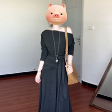 韩系一字肩灰色长袖连衣裙子女早秋季2025新款氛围感穿搭长裙套装