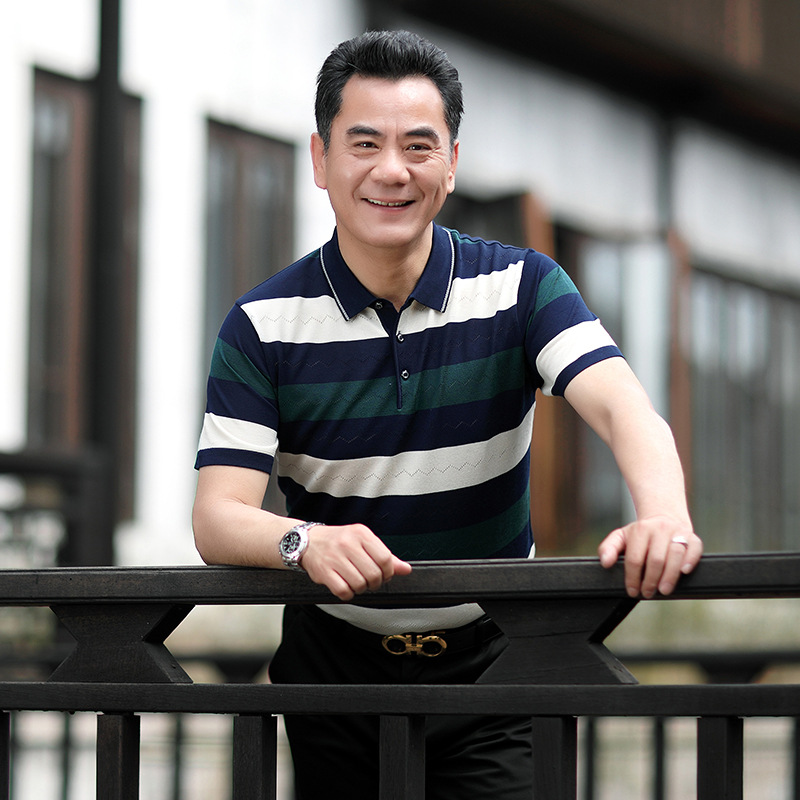 Camiseta de manga corta de seda de hielo de verano de papá camiseta de solapa de hombre de mediana edad suelta camisa de fondo de hombre de mediana edad y anciano