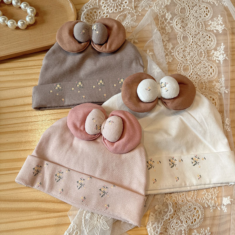 Baby Hat for Spring and Autumn, Covering the Forehead, Newborn Girl Baby Fontanel Protection, Korean Version with Bow, Mori Style Floral Pullover Hat