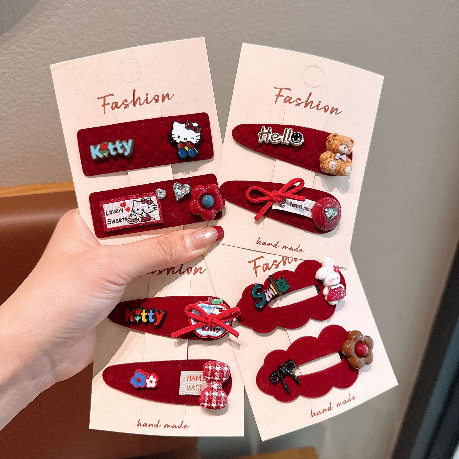 Año Nuevo vino rojo terciopelo para niños pinzas de cabello bebés estilo chino rojo chicas de dibujos animados pinzas de estilo lateral