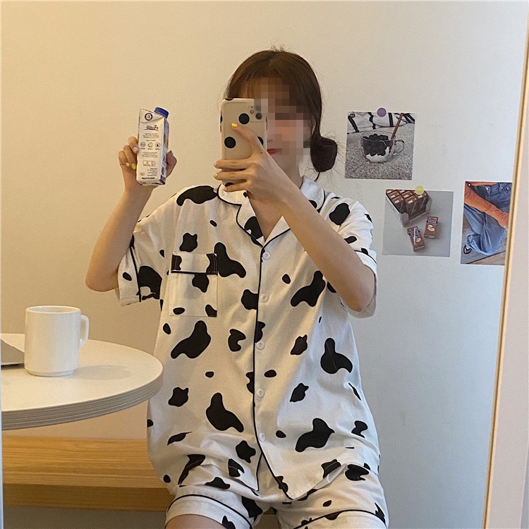 Summer pajamas women's cute casual home wear suit little cow printed cardigan short sleeve pajamas pajama pants two-piece set