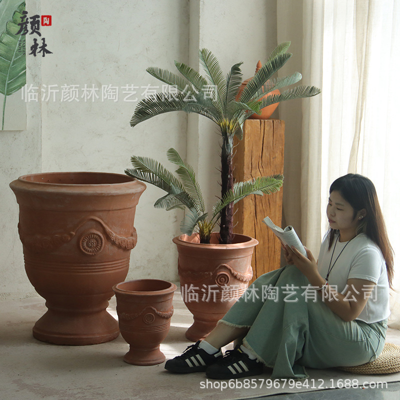 Taza de cerámica roja maceta de cerámica gruesa comercio exterior de cerámica roja europea paisaje pastoral maceta verde de gran calibre