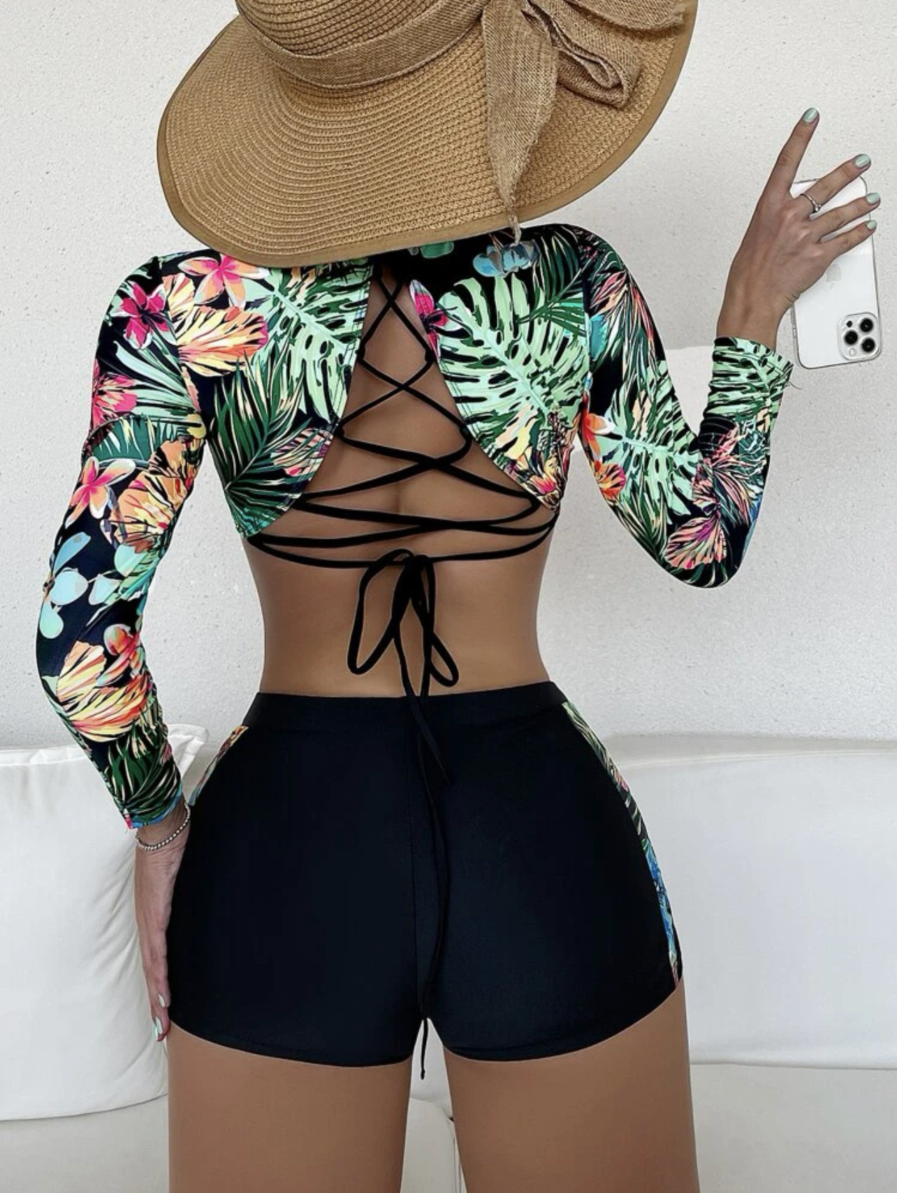 hollow backless long sleeve top and boxer split swimwear NSCSY135101