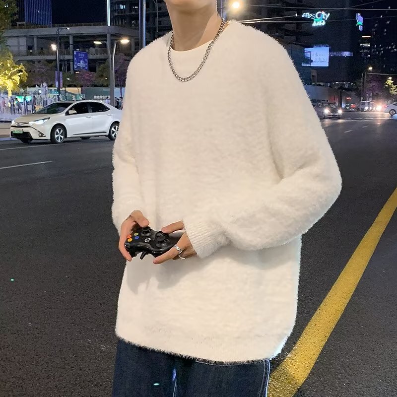 Lazy Style Autumn and Winter Boyfriend Style Thickened Loose Knitted Shirt Simple Solid Color Round Neck White Sweater Men's Korean Style Trendy