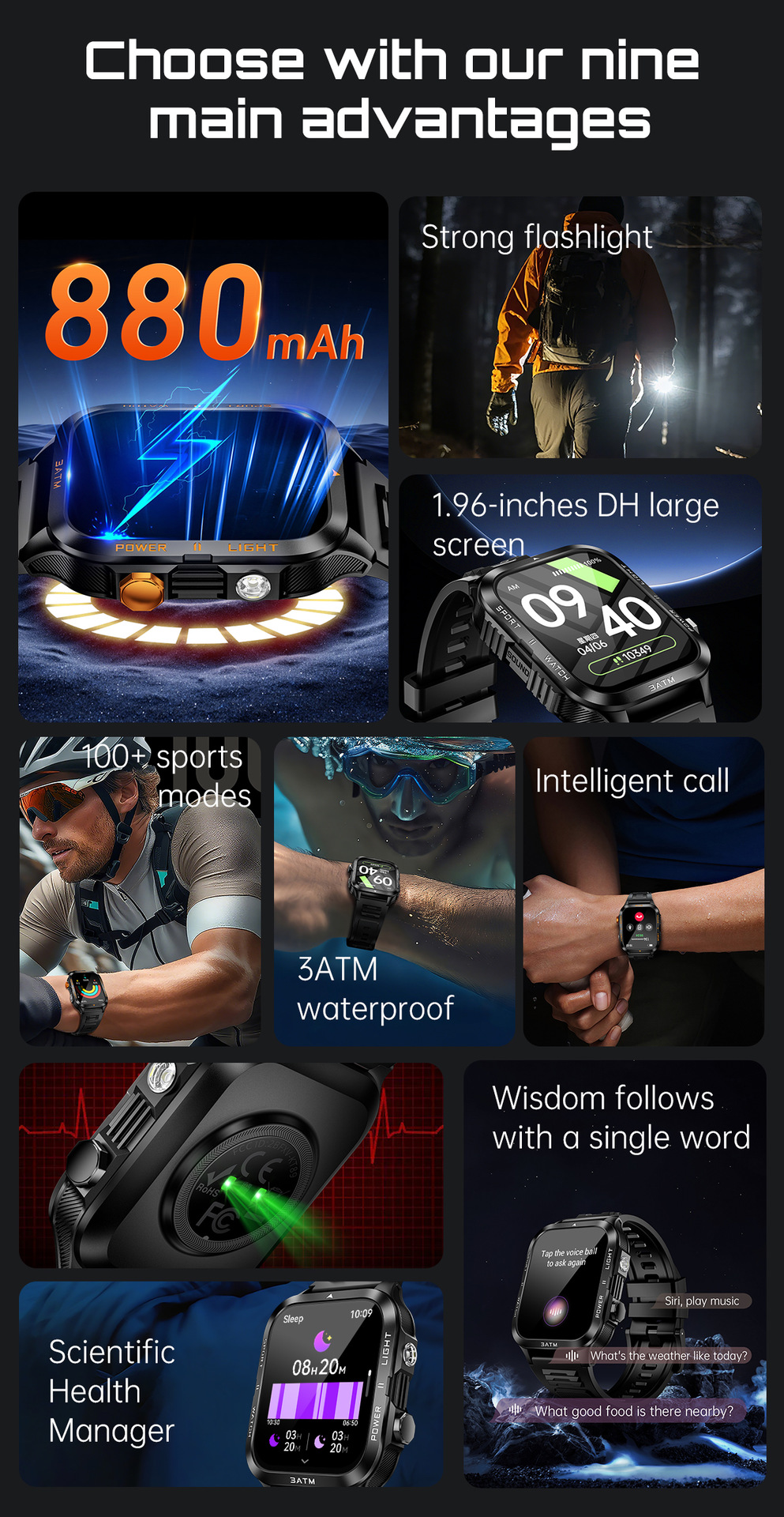 Smartwatch KT89 con ampio schermo da 1,96 pollici, chiamate Bluetooth, torcia a LED, orologio sportivo per attività all'aperto, unisex, stile business, lusso/sportivo._voghion.com