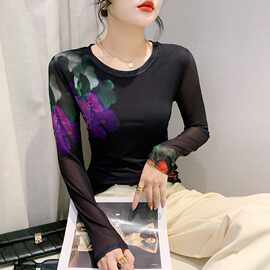 欧货2023秋装新款修身时尚网纱印定位花圆领长袖洋气T恤女潮代发