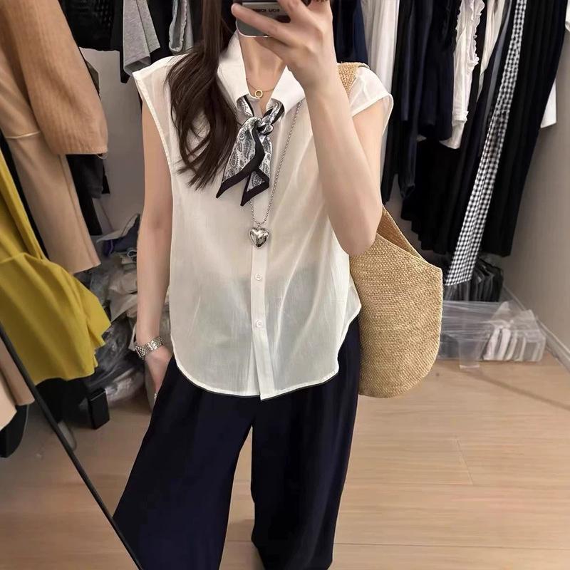 Summer Cotton and Linen Polo Collar Buttoned Silk Scarf Sleeveless Shirt Vest for Women, Thin and Loose-Fitting, Versatile and Slimming Top Shirt for Women