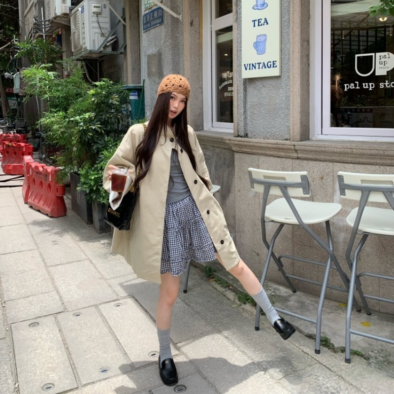 现货实拍 韩系复古百搭小立领卡其色中长款风衣女宽松休闲外套ins|undefined