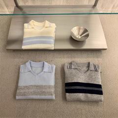秋季2025年新款Polo领针织衫港味小个子女装宽松长袖条纹慵懒上衣