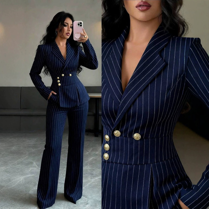 Navy Blue Pinstripe Two-Piece Suit with Deep V Neck and High-Waisted Flared Pants, Women's Commuting Work Outfit