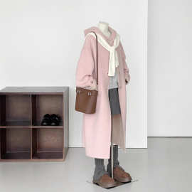 【游梦花境】粉色宽松简约百搭连帽长款保暖羊毛大衣HL572025新款