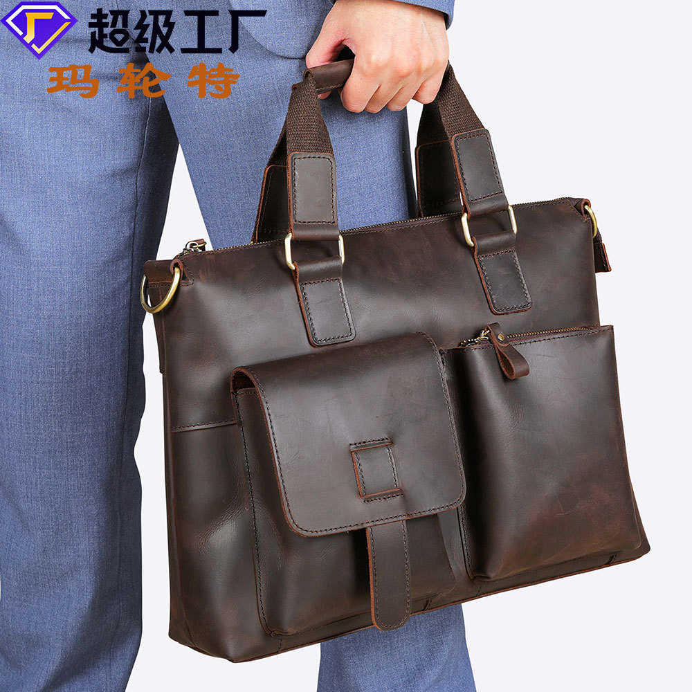 Marent Vintage Calfskin Men's Briefcase Handbag Genuine Leather Business 14-inch Laptop Bag Mademoiselle Leather Official Bag