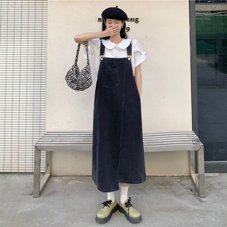 2026 Denim Skirt Spring and Summer New Style Cute Pear-Shaped Figure Loose Slimming Dress with Slit and Straps Long Skirt