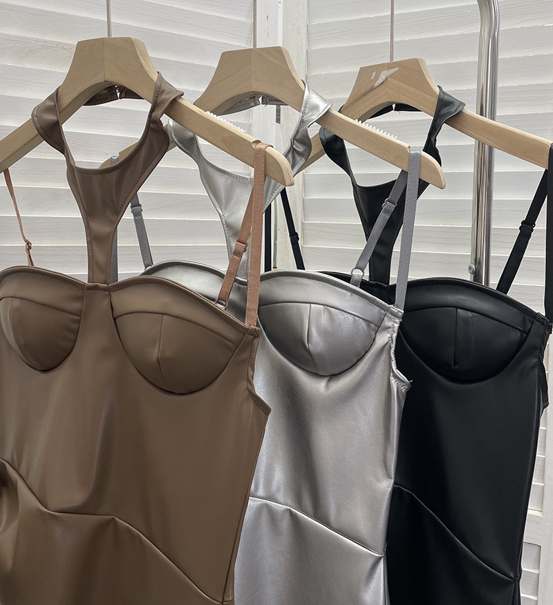 Chest Pad Halter Spaghetti Straps Dress Sexy Slim Fit Ruffle Hip Faux Leather Sexy