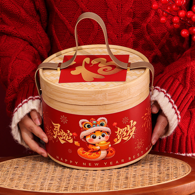 2025 Año Nuevo abrazar barril caja de regalo, galletas, nueces, productos de Año Nuevo, caja de regalo de pasteles, embalaje de vapor de estilo nacional