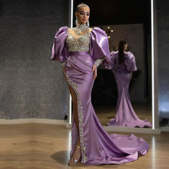 2024 New European and American Cross-border Amazon Dress Princess Sleeve Hip Long Dress Trailing Gold Elegant Evening Dress