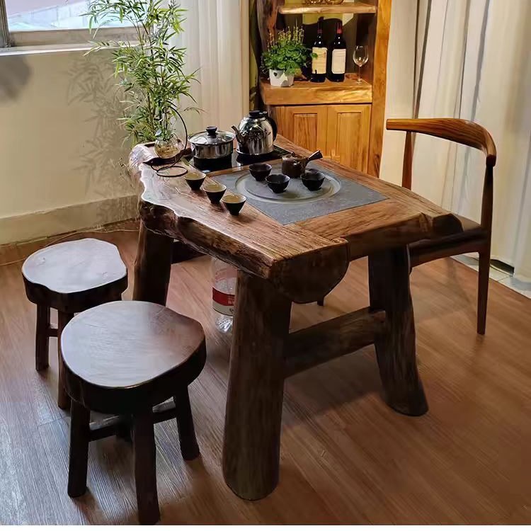 老榆木茶桌阳台茶台茶桌实木茶几家用阳台原木茶桌嵌入式家用茶桌