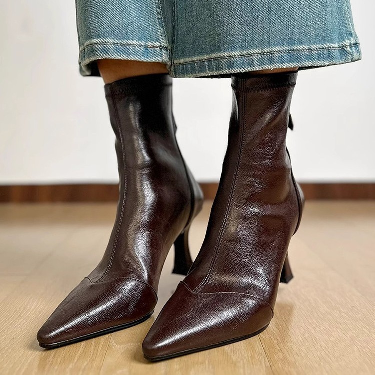 【现货】高跟尖头马丁靴春秋季女靴后瘦瘦靴拉链短靴女士细跟靴子