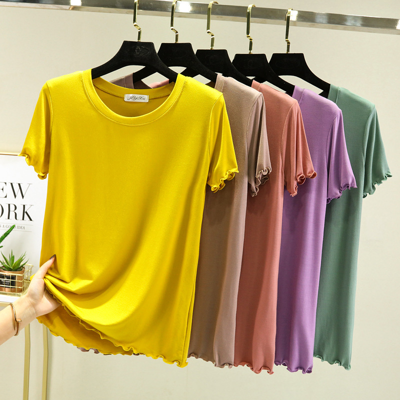 Spring and Summer New Modal Ear Edge Round Neck Short Sleeve Women's Casual Loose T-shirt Base Shirt Solid Color Inner Top