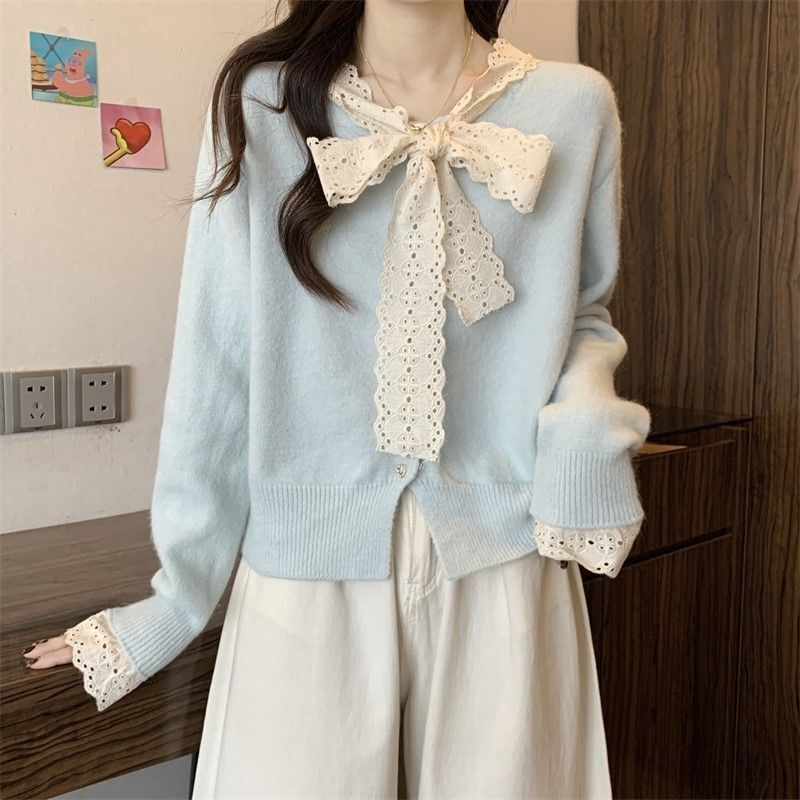 Lace Bow Yellow Collar Knitwear Women's Spring & Fall Wear Sweet Short Long-Sleeved Cardigan Top Trendy