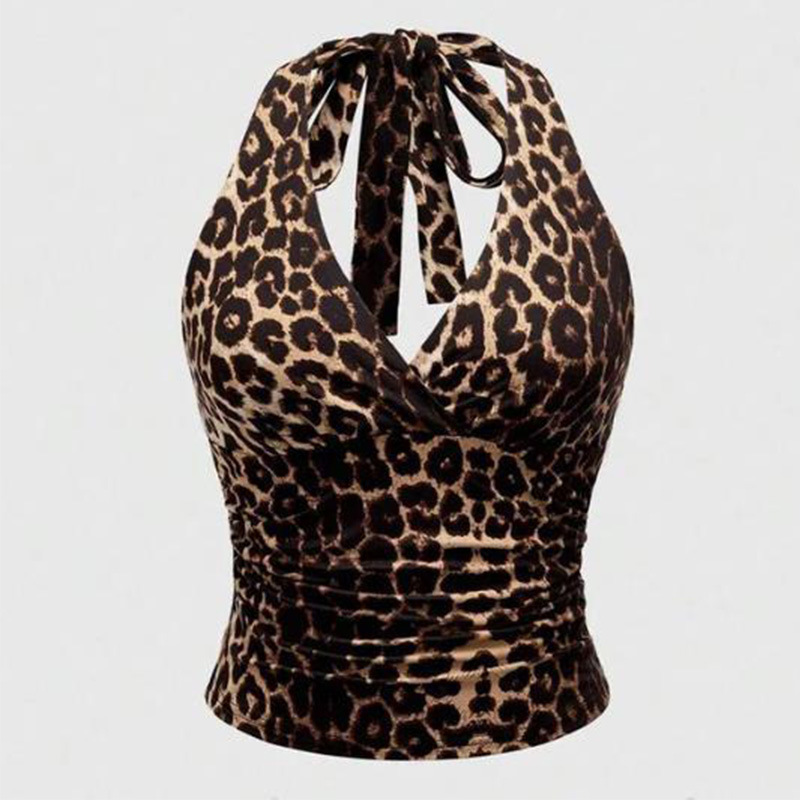 Cross-Border Popular European and American Retro Leopard Print Backless Fashion Halter Top V Neck Sexy Sexy Sleeveless Vest for Women