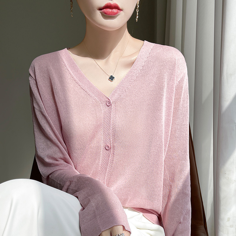 24 Spring and Summer New Style Curved Beaded Ice Silk Knitted Cardigan V Neck Women's Outer Thin Shawl Outer Set Knitted Bottoming Shirt