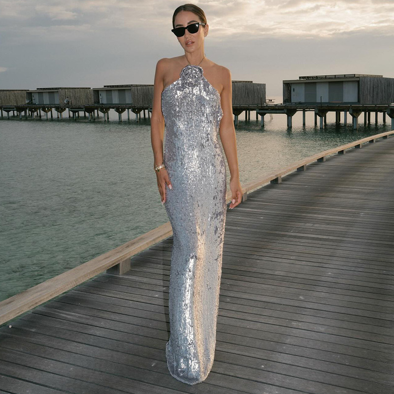 In Stock | New European and American Style Silver Sequin Light Luxury Evening Dress Sexy Backless Halter Neck Long Dress for Women In Stock | New European and American Style Silver Sequin Light Luxury Evening Dress Sexy Backless Halter Neck Long Dress for Women