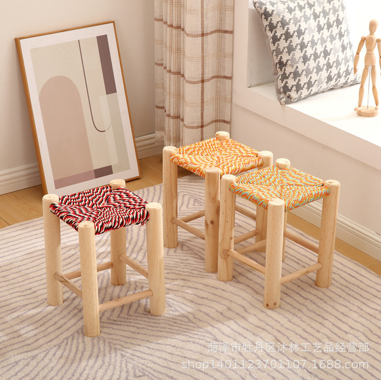 棉绳彩棉麻绳人工编织凳木质家用框架换鞋凳简约田园木凳|ru