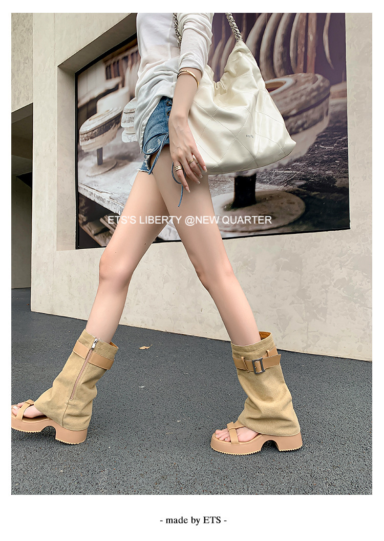 Sandal cao gót hở mũi nữ đế dày gót vuông, quai thắt lưng da bò — Màu đen chi tiết 2