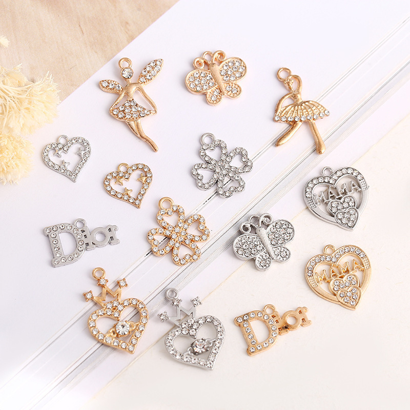 Trendy DIY Jewelry Pendants with Rhinestones, Alloy Jewelry, Butterfly, Fairy, Four-Leaf Clover, Heart, Letter Small Accessories, Fully Rhinestone-Encrusted Trendy DIY Jewelry Pendants with Rhinestones, Alloy Jewelry, Butterfly, Fairy, Four-Leaf Clover, Heart, Letter Small Accessories, Fully Rhinestone-Encrusted