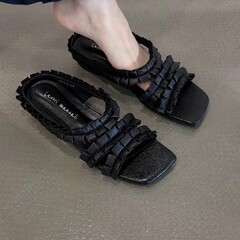シープスキンバージョン~2025年新作フレンチフェアリースタイルオープントゥサンダル、女性用夏アウター、多用途スリッポン