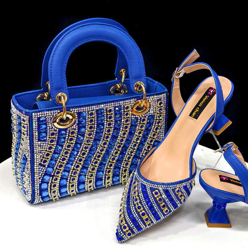 Royal Blue Shoe and Bag Set Combination, Pointed-Toe Women's Shoes Paired with a Square Handbag, Wave-Shaped Full Rhinestone Design Royal Blue Shoe and Bag Set Combination, Pointed-Toe Women's Shoes Paired with a Square Handbag, Wave-Shaped Full Rhinestone Design