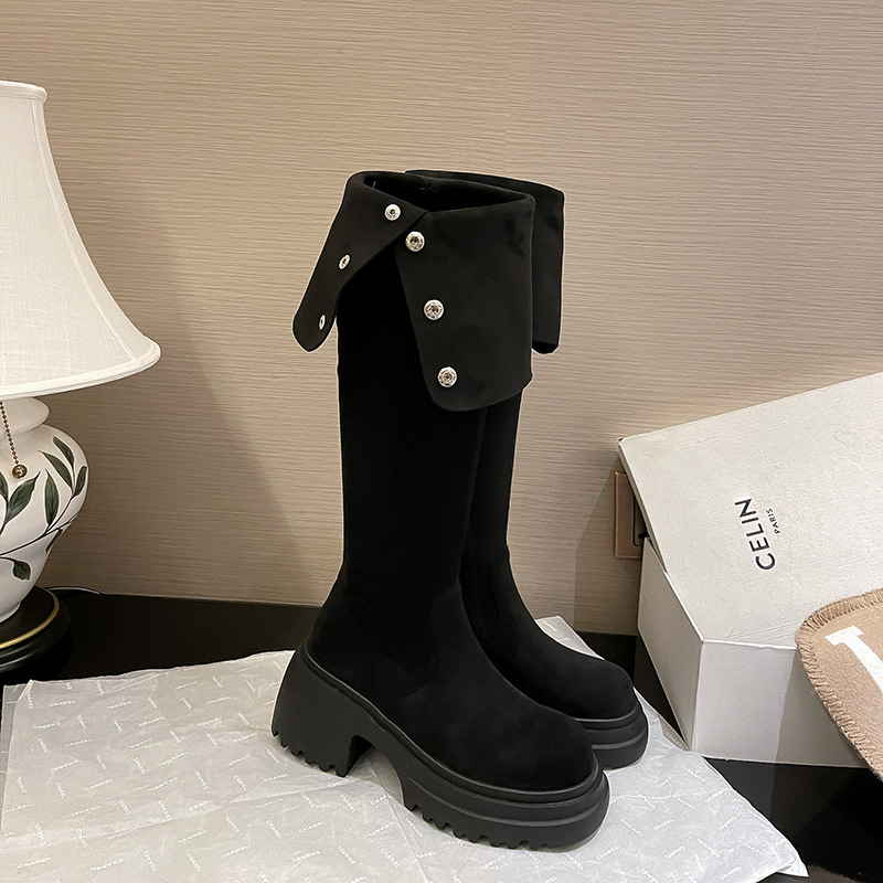 レトロな西部の靴の女性の冬のベルベットの膝のブーツの茶色のブーツの雪のブーツの騎士のブーツのギャルの長い筒