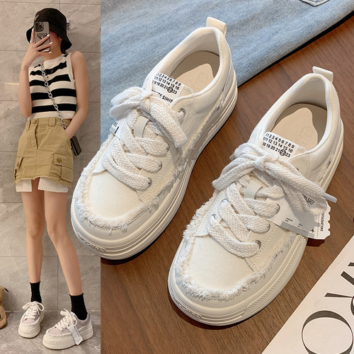 Hongtong Canvas Shoes for Women: New Arrival Japanese-style Retro Fashionable Thick-sole Casual All-Match Loafers: Trendy Distressed Designer Shoes