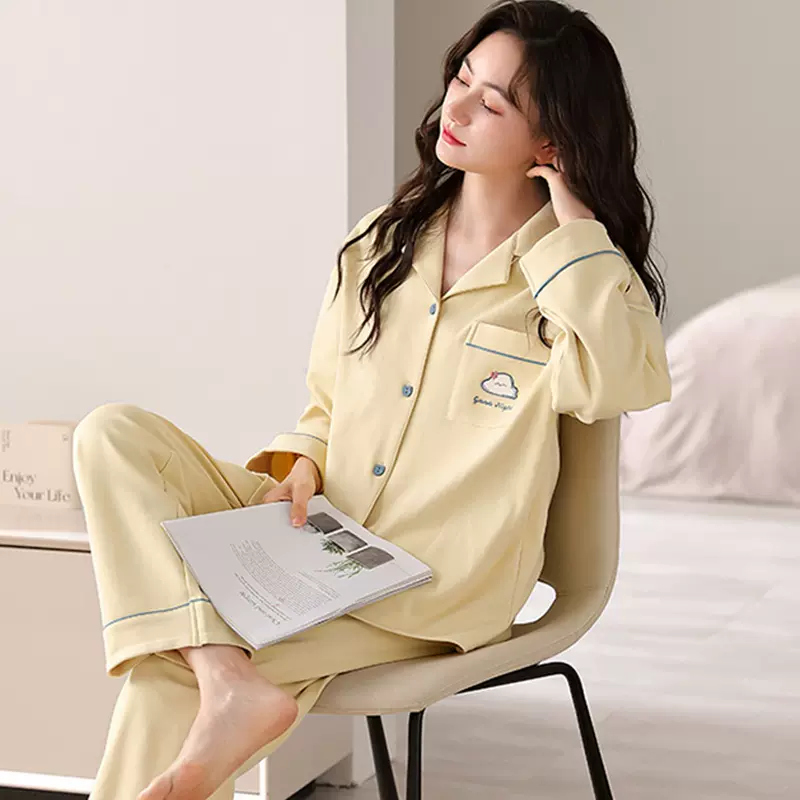 温柔秋冬新品睡衣女纯色开衫长袖仿棉女士减龄宽松舒适家居服套装