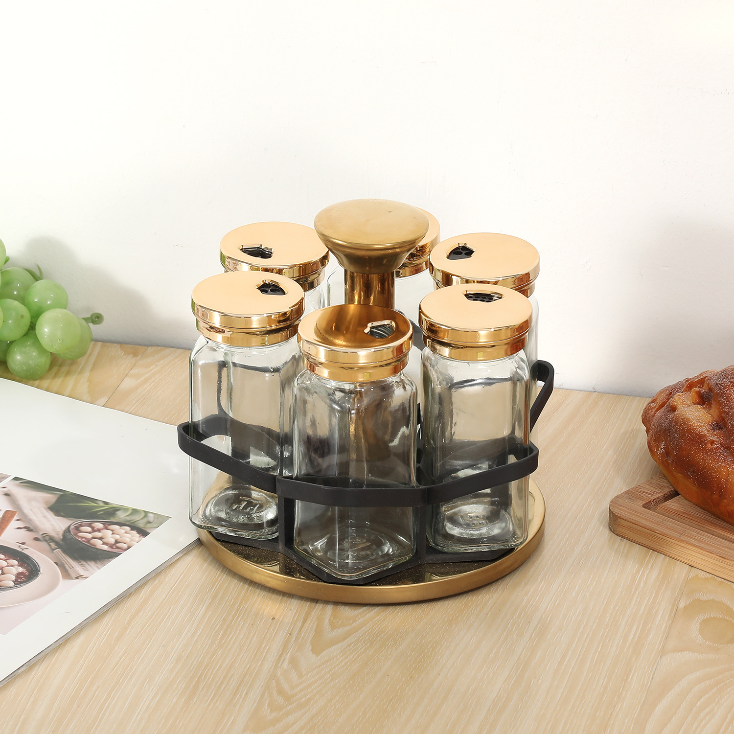 Botella de condimento de cocina al por mayor Tarro de condimento doméstico Caja de condimento Tarro de condimento de vidrio Juego de combinación de estante de almacenamiento giratorio