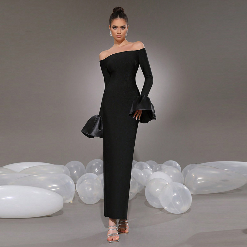 New sexy off-shoulder bell-sleeve black tight-fitting long holiday party bandage dress, suitable for women New sexy off-shoulder bell-sleeve black tight-fitting long holiday party bandage dress, suitable for women