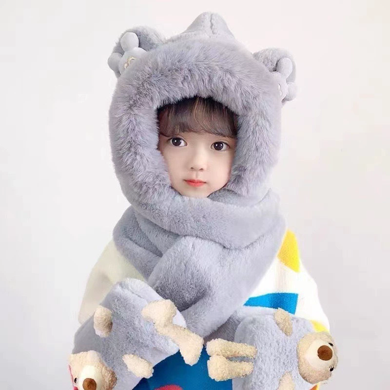 Children's hat, scarf, winter gloves, keep warm windproof baby cap, set, with little bears, 3 piece set