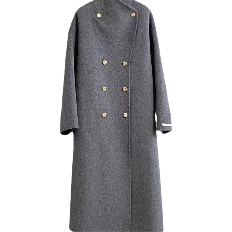 2025年新作 高級スタンドカラー 優しいグレー ウール両面生地コート レディース 秋冬 厚手ウールコート
