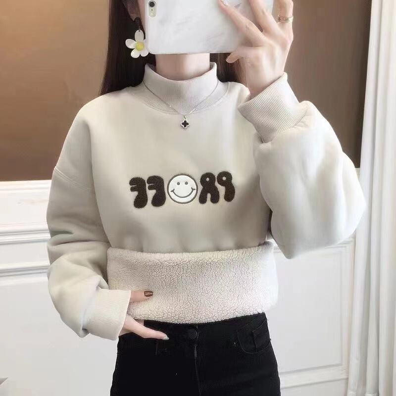 (Pure cotton, alpaca wool blend) fleece-lined, thickened sweatshirt for women, featuring a half-high collar, a one-piece fleece top, and an outerwear style (Pure cotton, alpaca wool blend) fleece-lined, thickened sweatshirt for women, featuring a half-high collar, a one-piece fleece top, and an outerwear style