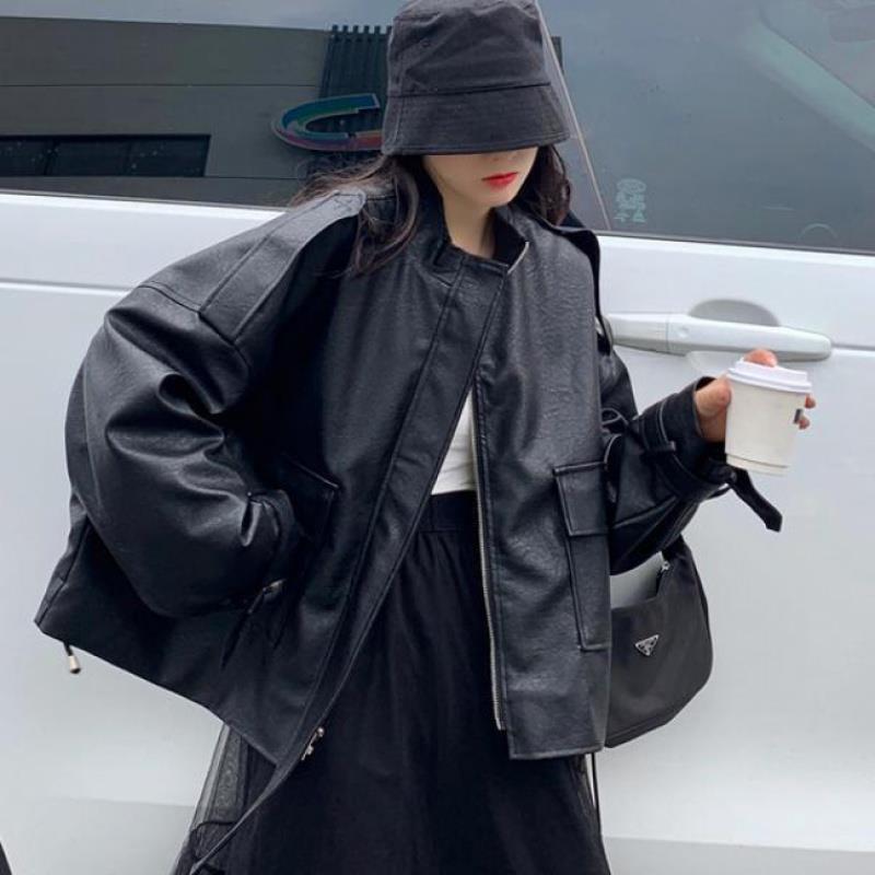 200斤加肥加大码胖妹妹黑色机车pu皮衣女BF风立领短款夹克外套潮|undefined