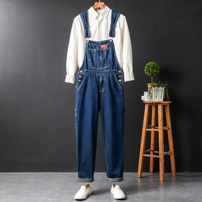 Summer Personalized Denim Jumpsuit Slim-fit Korean Style Japanese Style Workwear Suspender Pants for Boys and Girls dark blue