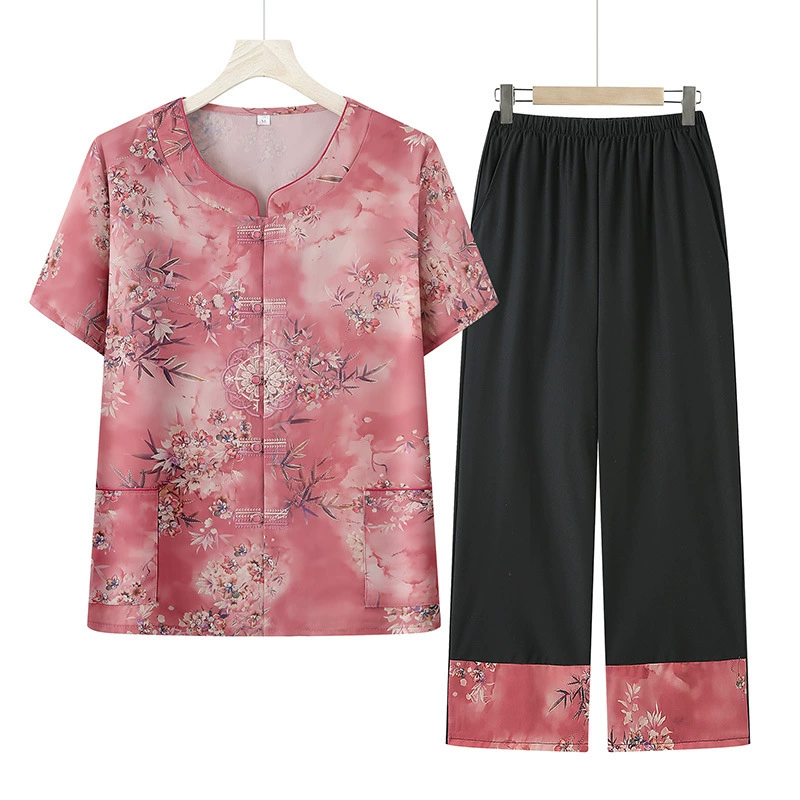 Летний костюм бабушки с короткими рукавами, комплект из двух предметов женской рубашки среднего и пожилого возраста, летняя одежда для пожилых людей, женская одежда и брюки.
