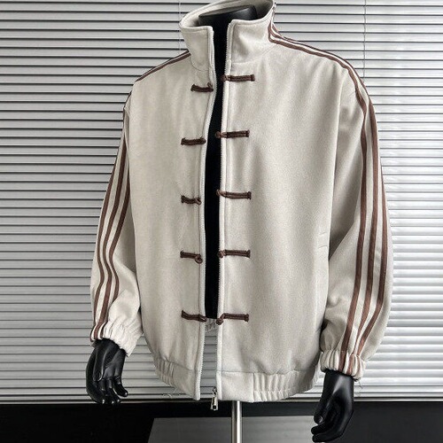 Blue and white spliced ​​three-stripe stand-up collar jacket, popular autumn wear for men, new Chinese-style button-down Tang suit top