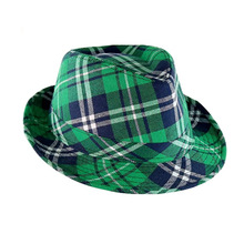 跨境直供爵士帽英倫風禮帽中卷邊帽檐愛爾蘭綠色格子禮帽男士女士