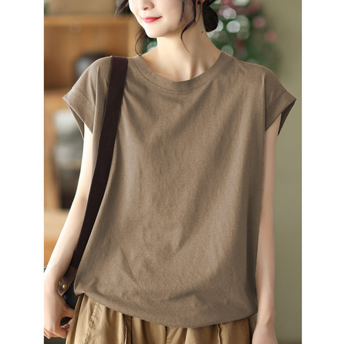 A versatile summer T-shirt top with a modesty-cut style, retro and literary, sleeveless backless dress, solid color, simple and elegant, for women.