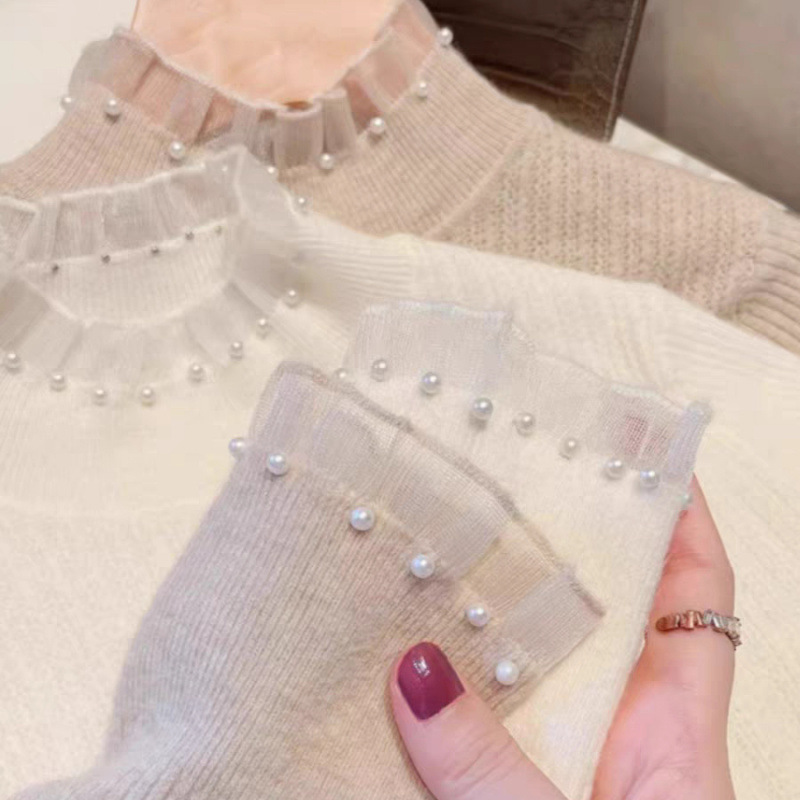 Tweed Style Half Turtleneck Long-Sleeved Inner Layering Shirt Women's Autumn Pearl Sweater 2024 Autumn and Winter Lace Knitted Top Tweed Style Half Turtleneck Long-Sleeved Inner Layering Shirt Women's Autumn Pearl Sweater 2024 Autumn and Winter Lace Knitted Top