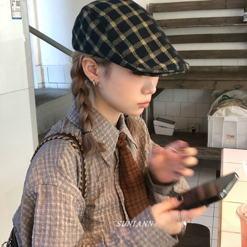 日系复古学院风棕色格纹丝巾美拉德色系文艺气质系脖领巾时尚颈饰|undefined