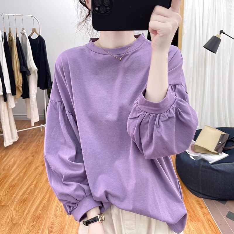 Autumn Solid Color Lantern Sleeve Long Sleeve T-Shirt Women's Korean Style Loose Age-Reducing Top Retro Pleated Base Shirt Tee Autumn Solid Color Lantern Sleeve Long Sleeve T-Shirt Women's Korean Style Loose Age-Reducing Top Retro Pleated Base Shirt Tee
