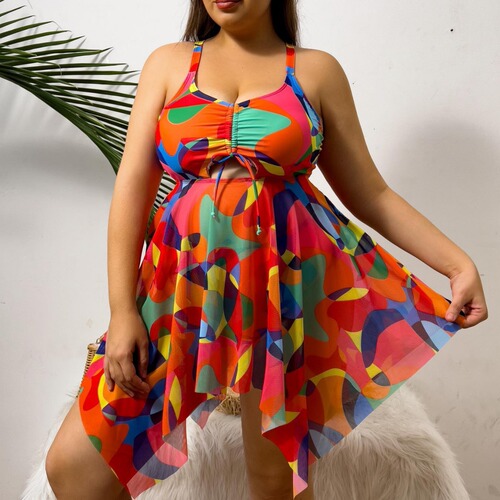 Plus-size European and American curvy women's swimsuit: Sexy mesh dress-style two-piece set